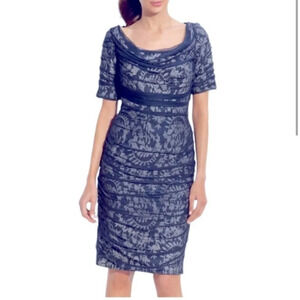 Tadashi Shoji silk layered bodycon ruched dress floral print back zip blue SZ 16